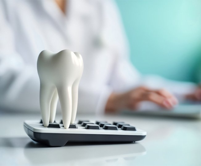Model tooth on a calculator with dentist typing blurry in background